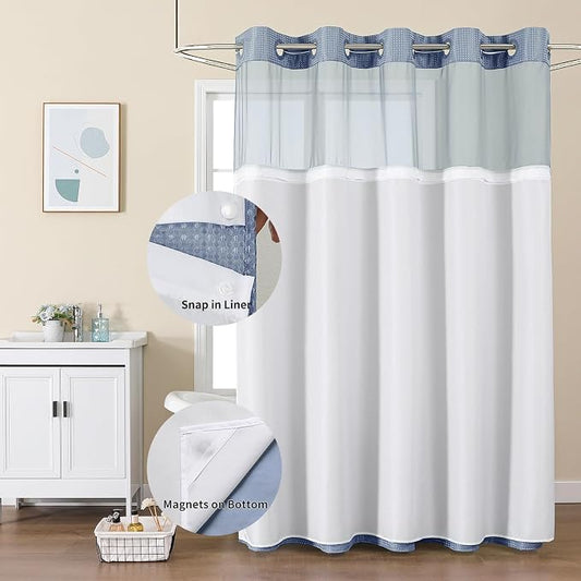 Colorful Star Moonlight Blue No Hook Waffle Shower Curtain Set, 72 x 75 in | Waterproof Shower Curtain with Snap in Fabric Liner and Mesh Top Window, Hotel Style Heavy Duty Thick Bathroom Curtain