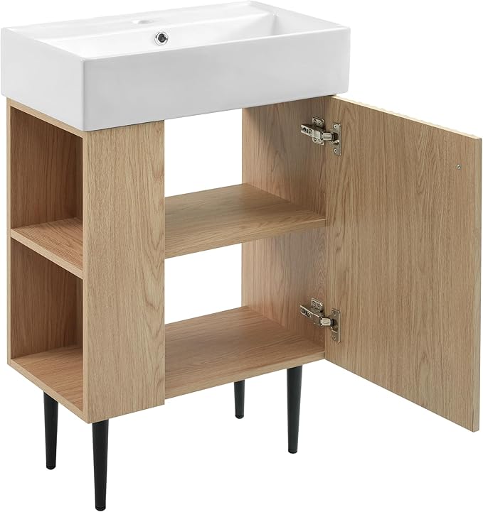 LUMISOL 21.6" Small Bathroom Vanity with Sink, Narrow Depth Bathroom Vanity with Soft-Close Door & Left Side Shelf, Wooden Freestanding Bathroom Sink Cabinet with Ceramic Sink, Natural