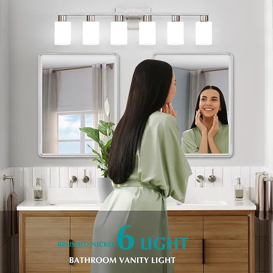 6-Light Bathroom Vanity Light Brushed Nickel Bathroom Light Fixture Vanity Lights with Milky White Frosted Glass Shades Wall Sconces Over Mirror E26 Socket Bulbs Not Included