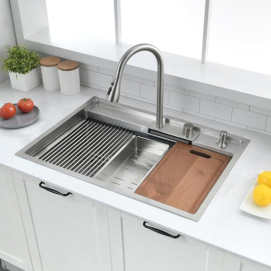 30 inch Drop in Kitchen Sink Waterfall Workstation with Faucet Combo-VOKIM 30x22 Drop-in sink 16 Gauge Stainless Steel Single Bowl Kitchen Sink with Cutting Board