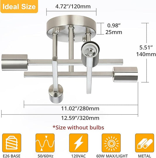 SunRider Industrial 4-Light Semi Flush Mount Ceiling Light Fixture, Brushed Nickel, Silver Farmhouse Sputnik Chandelier Pendant Lamp for Living Room