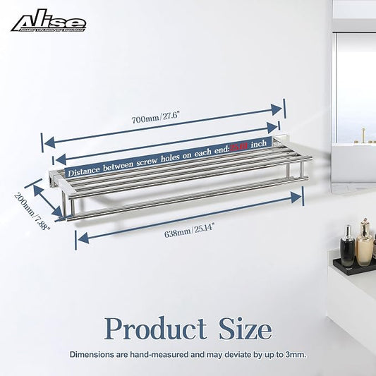 Alise 28 Inch Double Towel Rack for Bathroom Wall Mounted,Polished Chrome | Bathroom Tower Holder Towel Shelf with Double Towel Bars,SUS304 Stainless Steel Towel Rack with Shelf