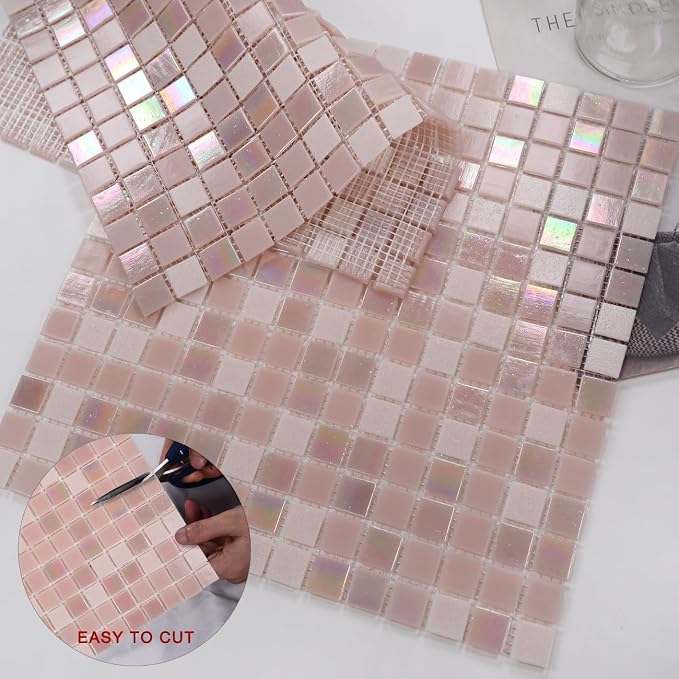 11.5 sq.ft Rainbow Pink Glass Mosaic Tile for Bathroom, Pool, Backsplash | Waterproof Wall & Floor Tile. Heat & frost resistant outdoors. Mesh-mounted easy install. Use any grout. Easy clean. 10pcs.