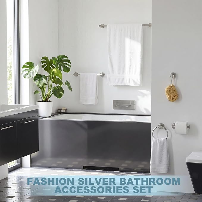 Gisafai 40 Pcs Brushed Nickel Bathroom Accessories Hardware Set Silver Towel Racks for Bathroom SUS304 Stainless Steel 23.6 Inch Brushed Towel Bar Ring Toilet Paper Holder Robe Hooks for Wall Mounted