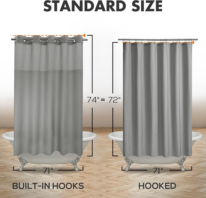 River Dream No Hook Shower Curtain with Snap-in Liner Set, Dark Gray, 71x74 | Snap on/off Waterproof PEVA Liner, See Through Top Window, Slub Textured, Hotel Style Shower Curtain Set, Standard Size