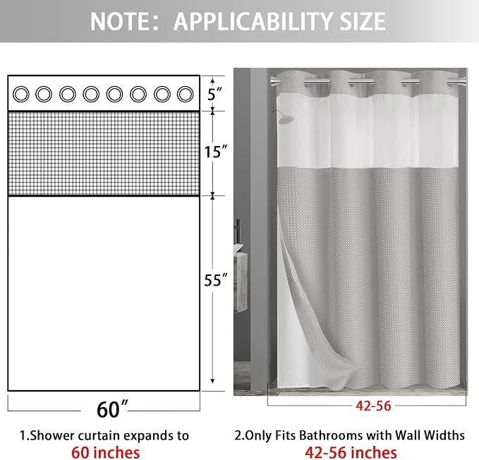 No Hook Shower Curtain with Liner Set Hotel Waffle Light Grey 60W X 75L | Washable Snap in Fabric Liner, Mesh Top Window, Waffle Hotel Style Shower Curtain Set