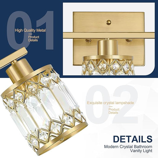 Crystal Modern Bathroom Light Fixtures, 4-Light Brushed Gold Bathroom Vanity Wall Light, Vanity Lights for Mirror, Restroom, Bedroom (E26 Socket, Bulbs Not Included)