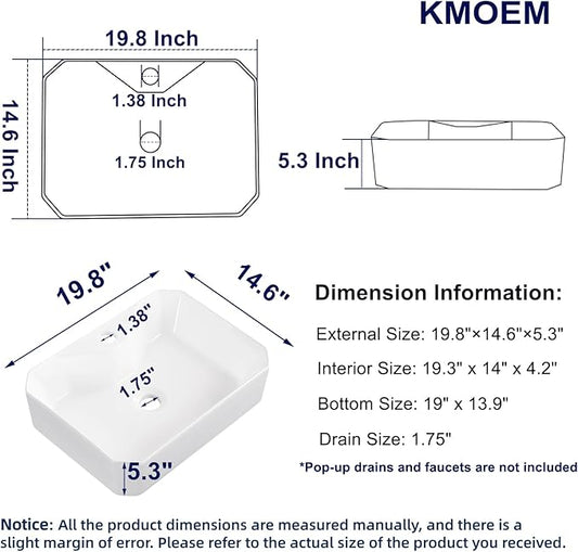 Vessel Sink 20"x15" Rectangular Bathroom Sink Modern White Porcelain Ceramic Above Counter Drop-in Vanity Sink for Bathrooms Art Basin with Faucet Hole