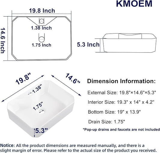Vessel Sink 20"x15" Rectangular Bathroom Sink Modern White Porcelain Ceramic Above Counter Drop-in Vanity Sink for Bathrooms Art Basin with Faucet Hole