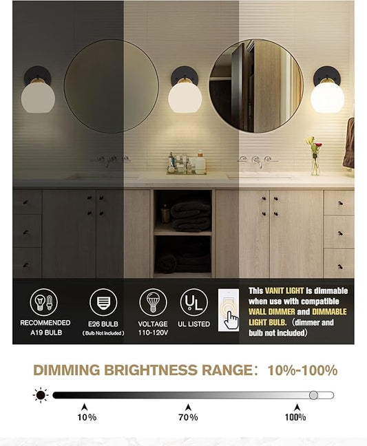 Emak Modern Sconces Wall Decor Set of 2, Black Gold Bathroom Vanity Light with Milk Glass Shade, Globe Wall Lamp for Living Room, Pictures, Bedroom, Bathroom, Hallway, WS114-BKBGD-ML-2PK