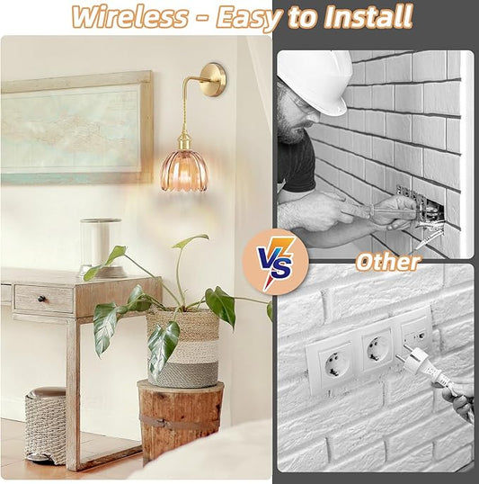 Battery Operated Wall Sconce CCT Dimmable Wireless Sconce, Vintage Light Fixture with Tulip Glass Lampshade Wall Decor for Living Room Bedroom Bedside 1PC Amber