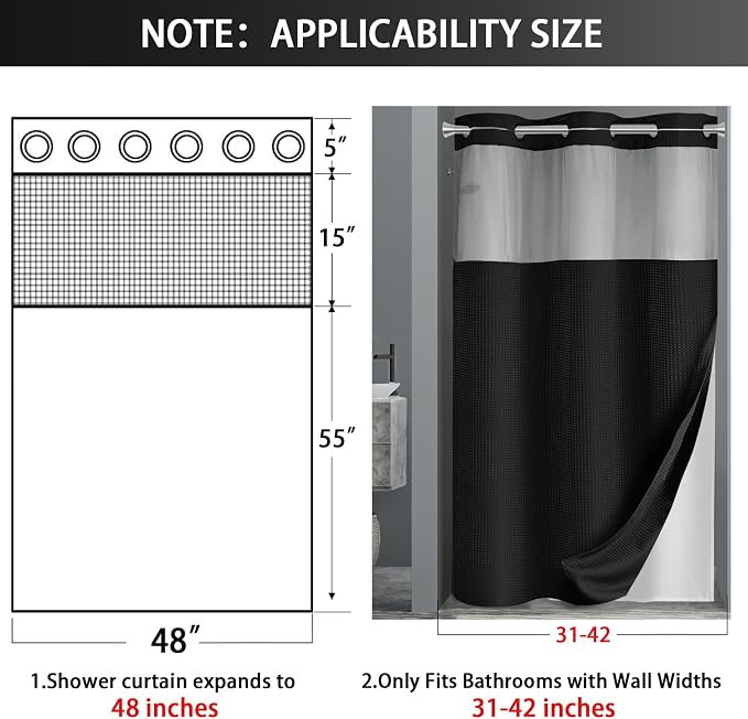 No Hook Shower Curtain with Liner Set Hotel Waffle Curtain Black 48W X 75L | Washable Snap in Fabric Liner, Mesh Top Window, Waffle Hotel Style Shower Curtain Set