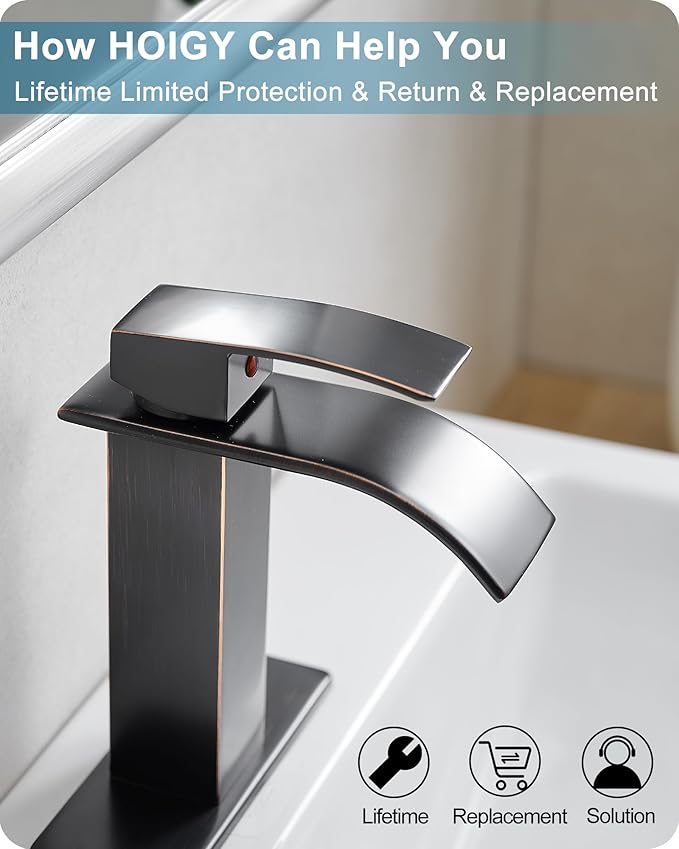 Waterfall Bathroom Faucet Oil Rubbed Bronze, Brass 4 Ins Bathroom Faucets One Hole or 3 Hole, Single Handle with Deck Plate, Pop-up Drain & Water Hose