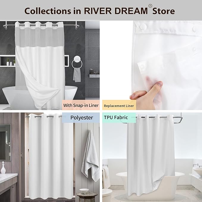 River Dream No Hook Shower Curtain with Snap-in Liner Set, White, 71x74 | Snap on Waterproof PEVA Liner, See Through Top Window, Slub Textured, Hotel Style Shower Curtain Set, Standard Size