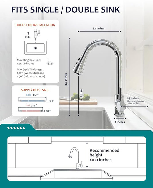 Chrome Kitchen Sink Faucet, Kitchen Faucet with Pull Down Sprayer VFAUOSIT Commercial Stainless Steel Laundry Single Handle Faucet for Kitchen Sink Chrome, Grifo para Fregaderos de Cocina