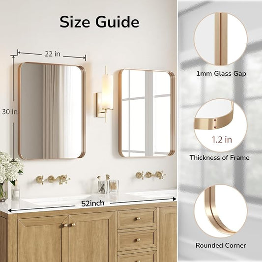 Gold Bathroom Mirrors for Over Sink 22"x30" 2 Pack | Brushed Champagne Brass Gold Vanity Mirror for Wall, Aluminum Frame, Anti-Rust, Tempered Glass