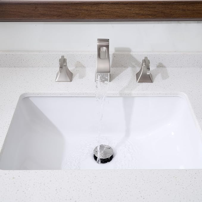 Brushed Nickel Bathroom Faucet 3 Hole, Brass Waterfall 8 Inch Widespread Bathroom Sink Faucet with Pop-Up Drain, cUPC Supply Hoses, 2 Handles for Vanity, Restroom, Modern Hollowed Design