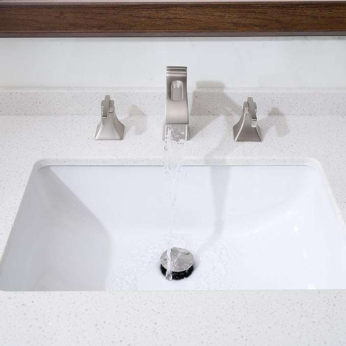 Brushed Nickel Bathroom Faucet 3 Hole, Brass Waterfall 8 Inch Widespread Bathroom Sink Faucet with Pop-Up Drain, cUPC Supply Hoses, 2 Handles for Vanity, Restroom, Modern Hollowed Design