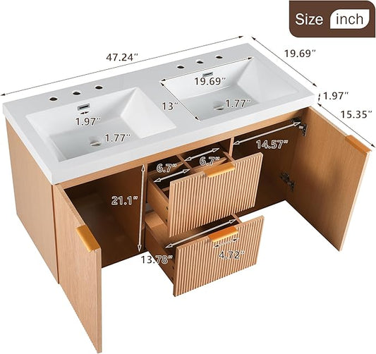 Merax 48" Bathroom Vanities Cabinet with Double Sinks Combo, Modern Floating Bathroom Vanity with Resin Countertop, Soft-Close System and Divided Drawers, Nature Wood
