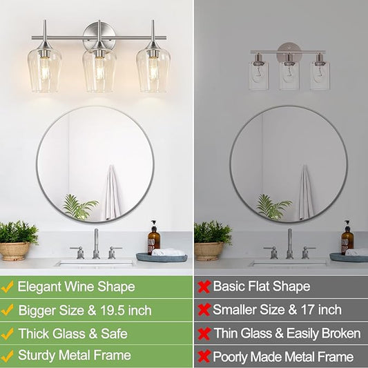 3-Light Bathroom Light Fixtures, 19.5 in Brushed Nickle Vanity Lights for Bathroom with Clear Glass, Bathroom Lighting Fixtures Over Mirror, Modern Wall lamp for Cabinet Hallway