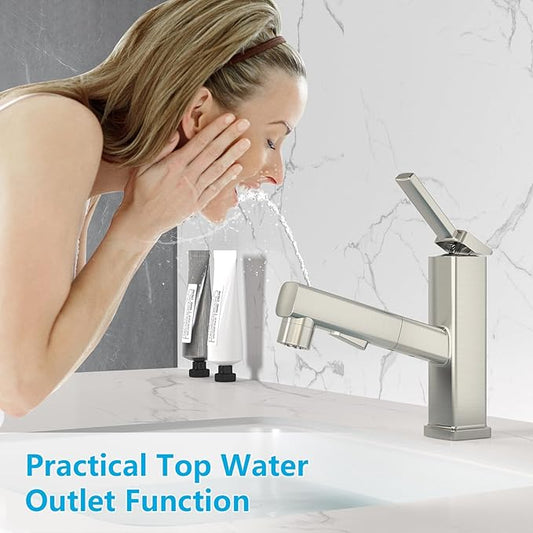 MIAOHUI Pull Out Single Hole Bathroom Faucet, 3 Spray Mode Single Handle Bathroom Faucets for Sink 1 Hole, Bathroom Sink Faucet with Pull Down Sprayer, Vanity Faucet with Fountain Mode, Brushed Nickel