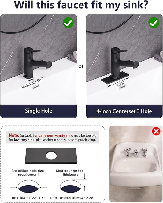 Pull Out Bathroom Faucet, Single Handle Bathroom Sink Faucet with Pull Out Sprayer, Bathroom Faucet for Sink, with Pop-up Drain & Deck Plate 1 or 4-inch Centerset 3 Hole, Matte Black
