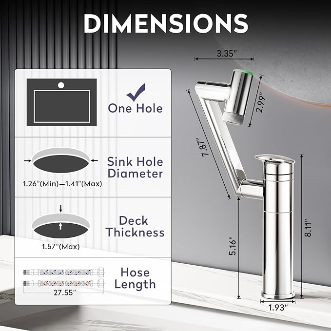 HOWUWEY 1080° Rotatable Single Hole Bathroom Vanity Faucet with Temperature Display, Height Adjustable Single Lever Bathroom Sink Faucet 1 Hole, LED Basin Faucet with Color Change (Chrome)