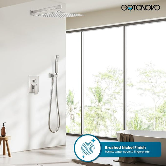 gotonovo Shower Faucet Set with Handheld Spray Brushed Nickel,16'' Head | SUS304 Rainfall Shower Head and Handle Set System Fixture,Pressure Balance Valve Trim Kit,Single Handle,Wall Mount,All Metal