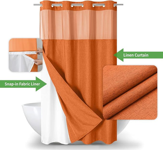 eachope No Hook Fabric Shower Curtain with Snap-in Liner,54x80 Burnt Orange | Linen Texture,230GSM Thick Fabric,Hotel Luxury Decor,Mesh Window,Waterproof & Machine Washable,for Shower Stall or Bathroom