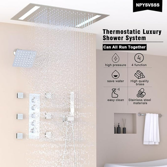 Thermostatic Shower System with 14x20 Inch Ceiling Mount LED Head & 6 Inch Wall Head and Handheld Shower 4 Function Vale with body jets Can All Run Together,Polished Chrome