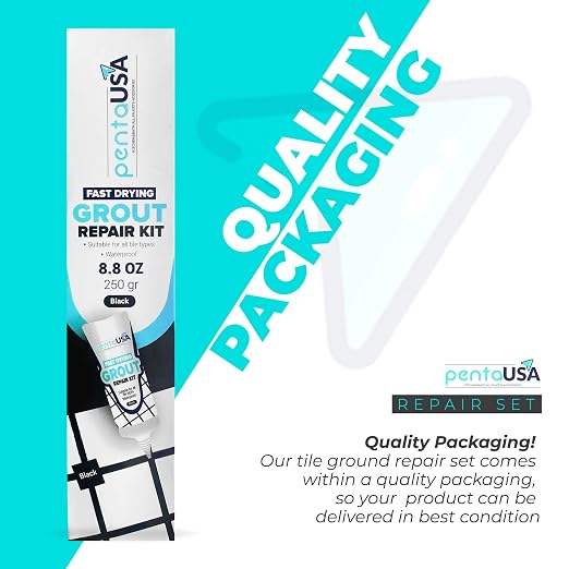PentaUSA Premixed Tile Grout Repair Kit - Black (8.8oz / 250g) | Acrylic Sanded for Bathroom, Shower, and Kitchen Tile Repair, Water-Resistant Tube with Applicator, Fills Cracks and Gaps,