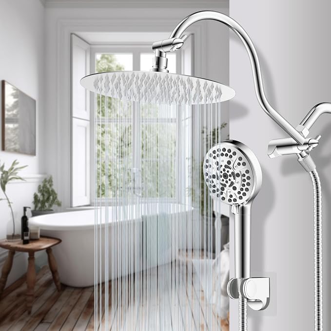 Hibbent All Metal CUPC Certified Shower Head, 10'' High Pressure Rainfall Shower Head, Handheld Showerhead Combo with 12'' Adjustable Extension Arm, 10-Spray, 71'' Shower Hose, Shower Holder, Chrome