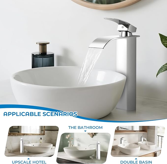 Chrome Tall Waterfall Bathroom Faucet for Vessel Sink with Drain | SUS 304 Stainless Steel, Single Handle, 1 Hole Sink, Tall Spout, Vessel Sink, Pop-Up Drain, Supply Hoses, NSF372 NSF61 cUPC