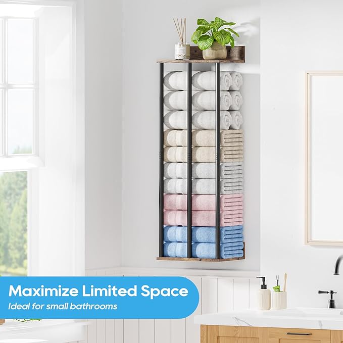 Towel Racks for Bathroom Wall Mounted with Wooden Storage Shelf | 3 Bar Metal Towel Holder for Rolled Towels, Rustic Sturdy and Large Capacity, Towel Storage Organizer