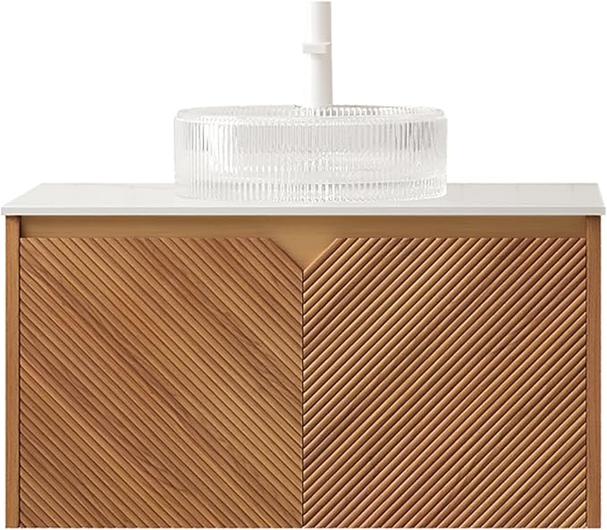 Floating Bathroom Vanity with Sink, 30 Inch Fluted Vanity with Vessel Sink, Modern Bathroom Vanity Cabinet with 2 Doors, Glass Vessel Ceramic Sink & Sintered Stone Top, Oak