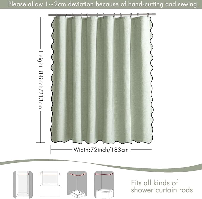 MIULEE 72"x84" Extra Long Scalloped Linen Shower Curtain Sage Green | Linen Textured, Waterproof, Washable, 12 Metal Hooks, Heavy Duty Cloth, Black Border, Shower Curtain for Bathroom Bathtub
