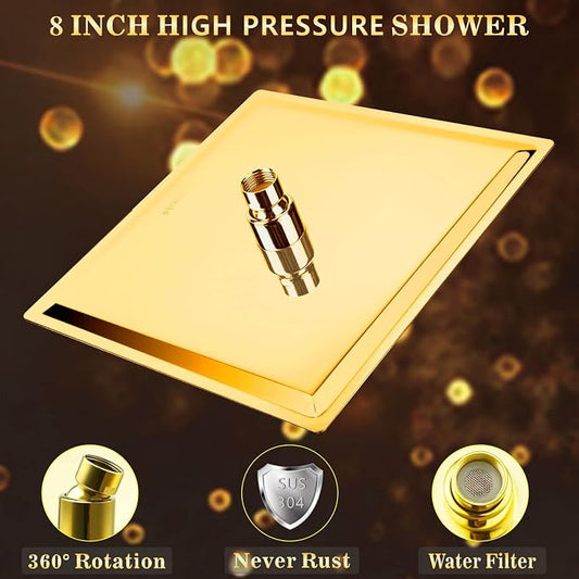Voolan Rain Shower head, High Pressure Shower Head Made of 304 Stainless Steel, Relaxed Shower Experience Even at Low Water Flow and Pressure(8" Gold)