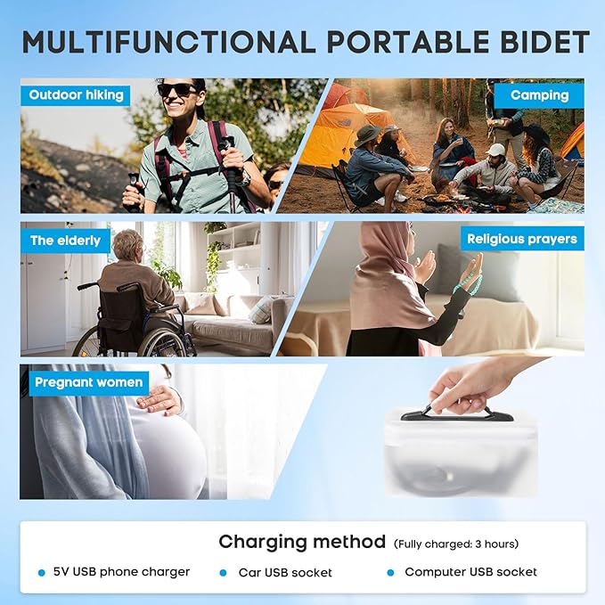 Portable Travel Electric Bidet Sprayer, Jamini Rechargeable Handheld Bidet Kit for Personal Cleaning, 2.3L Water Tank with Dual Pressure Settings for Baby Care, Postpartum, Camping HDDSC-01