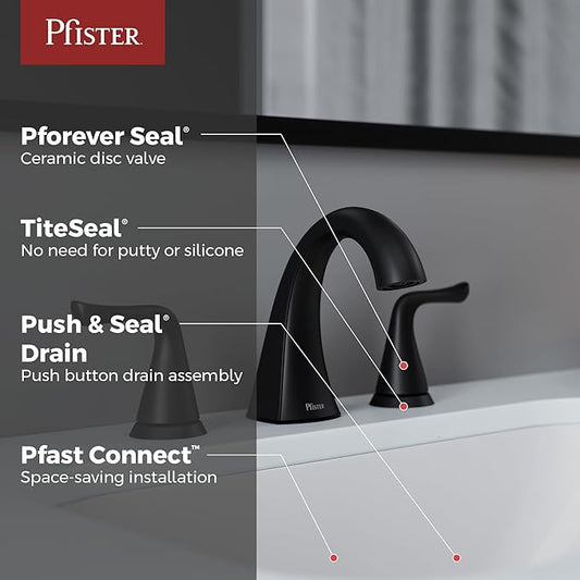 Pfister Willa Bathroom Sink Faucet, 8-Inch Widespread, 2-Handle, 3-Hole, NSF Certified, Spot Defense Matte Black Finish, LF049MALSDB