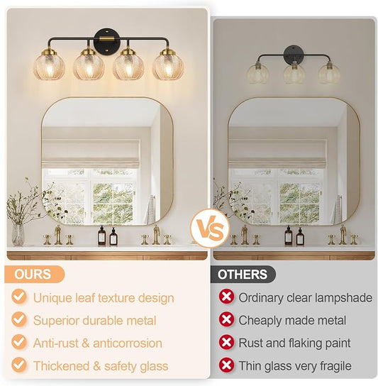MOKATNG Bathroom Light Fixtures, 4-Light Amber Vanity Lights with Unique Leaf Texture Glass Shade, Modern Matte Black and Gold Bathroom Wall Lamp for Mirror Hallway Cabinet Living Room