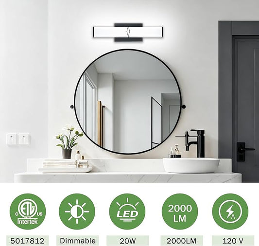 16 Inch Bathroom Vanity Light 2000LM, 5700K Daylight White Modern Bathroom Light Dimmable, AC 120V 20W Matte Black LED Vanity Lighting Fixtures Wall Sconce ETL Certified, 2Pack