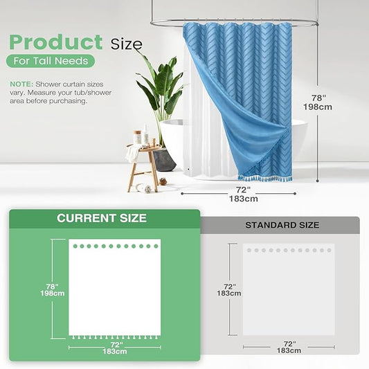 Dynamene Long Shower Curtain and Liner Set - 78 inch Tall Boho Shower Curtain and Waterproof Clear Liner, Tufted Chevron Striped Tassel Shower Curtains for Bathroom, 12 Hooks, 72x78, Moonlight Blue