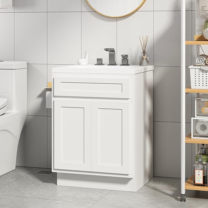 Vanity Art 24 Inch Double Shutter Door Bathroom Vanity Base Cabinet with Soft Closing Shaker Drawer, Strudy Floor Mount Storage Cabinet Organizer for Bedroom, Living Room, Kitchen, VA4024-W
