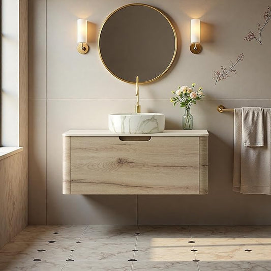 Bathroom Vanity with Sink, 36" Wall-Mounted Bathroom Storage Cabinet with Round Ceramic Basin & Soft-Close Undermount Drawer, Modern Pre-assembled Floating Vanity with Curved Design, White Oak