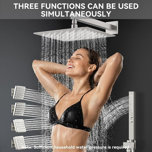 Brushed Nickel Shower Systems with 4 Body Spray Jets, STARBATH 12" Rain Showerhead with 2 Modes Handheld Spray, Can Use All at Once, Thermostatic Shower Jets System in Wall Shower Faucet Sets