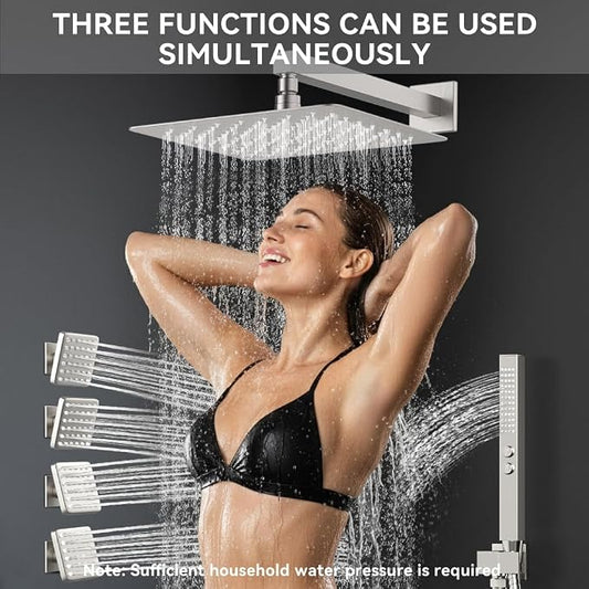 Thermostatic Shower System with Body Jets, STARBATH 12" Rain Showerhead with 2 Modes Handheld Spray, Can Use All at Once, Thermostatic Shower Jets System in Wall Shower Faucet Sets, Brushed Nickel