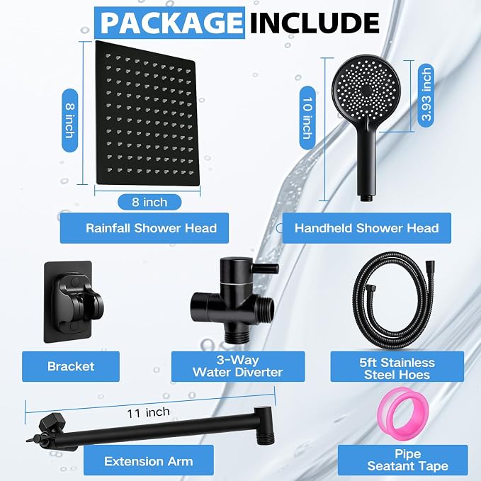 Shower Head, 8 inch Multifunction High Pressure Rain Shower Head with Handheld Spray Combo with 11'' Angle Adjustable Extension Arm/Flow Regulator/Shower System Matte Black