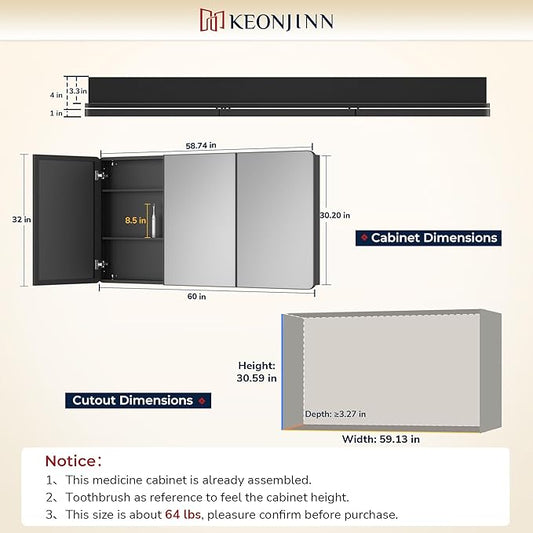 Keonjinn 60 x 32 Inch Large Black Medicine Cabinets, Recessed Bathroom Medicine Cabinet, Black Stainless Steel Framed, Sturdy & Heavy, Stepless Adjustable Shelves, 3 Doors, Large Mirror with Storage