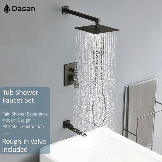 DASAN Tub Shower Faucets Sets Complete Matte Black Bathtub Shower System with Tub Spout, Bathtub Faucet Set Tub and Shower Faucet Combo Trim Kit with Rough-in Valve