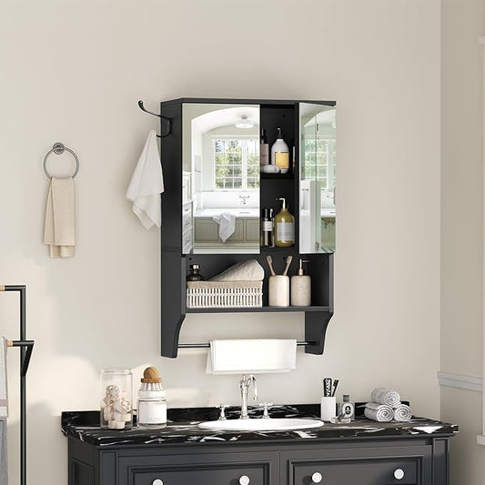 Bathroom Wall Cabinet with Mirror, Medicine Cabinet with 2 Door and Adjustable Shelf, Wall Mounted Over The Toilet Storage Cabinet with Towel Bar for Bathroom Laundry Room Kitchen, Black